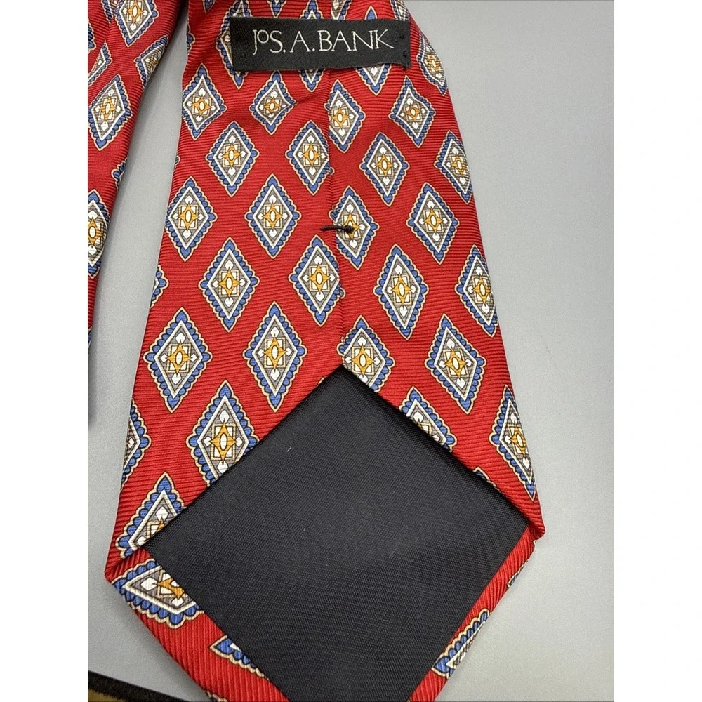 Jos A Bank Red Silk Neck Tie Red Geometric Pattern USA Made
